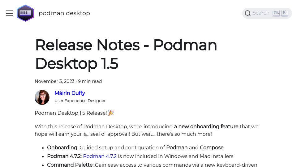 Screenshot of podman-desktop.io: Podman Desktop v1.5 with Compose onboarding and enhanced Kubernetes pod data