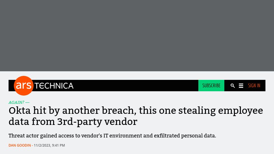 Screenshot of arstechnica.com: Okta hit by another breach, stealing employee data from 3rd-party vendor