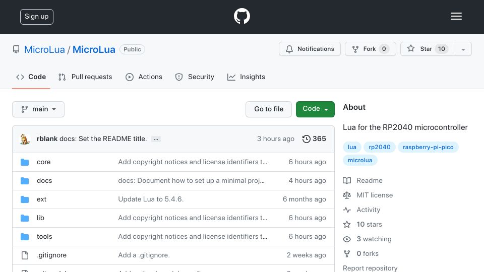 Screenshot of github.com: Show HN: MicroLua – Lua for the RP2040 Microcontroller
