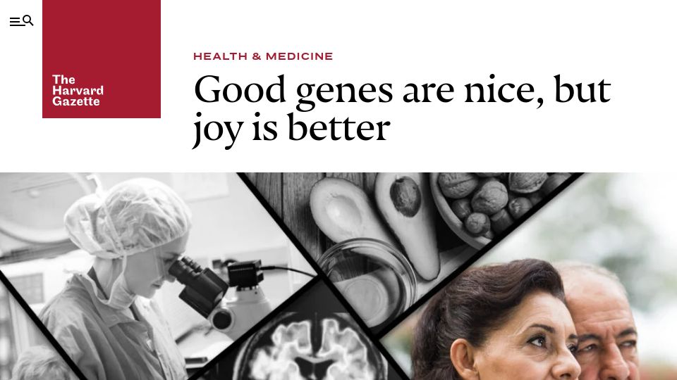 Screenshot of news.harvard.edu: Embracing community helps us live longer, and be happier (2017)
