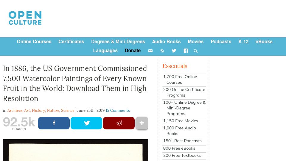 Screenshot of openculture.com: In 1886, the US commissioned watercolor paintings of every known fruit (2019)
