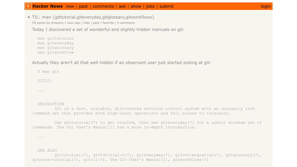 Screenshot of Hacker News post: Hidden manuals: gittutorial, giteveryday, gitglossary, gitworkflow