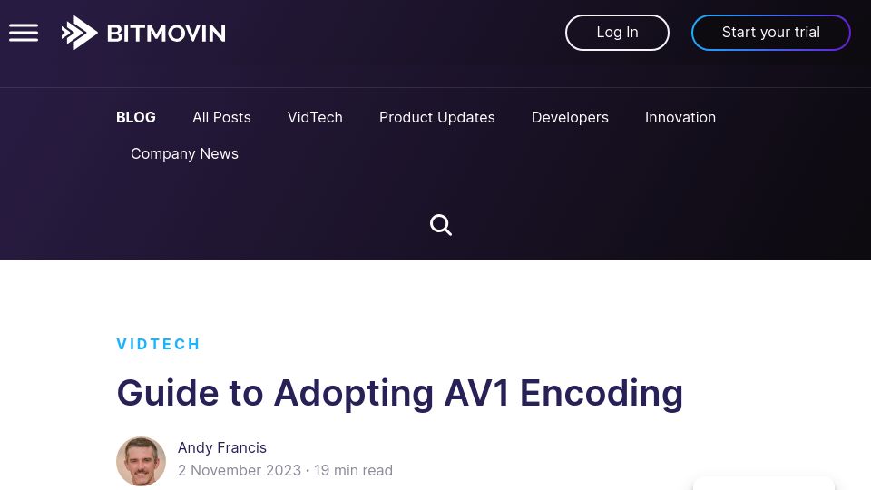 Screenshot of bitmovin.com: Guide to Adopting AV1 Encoding