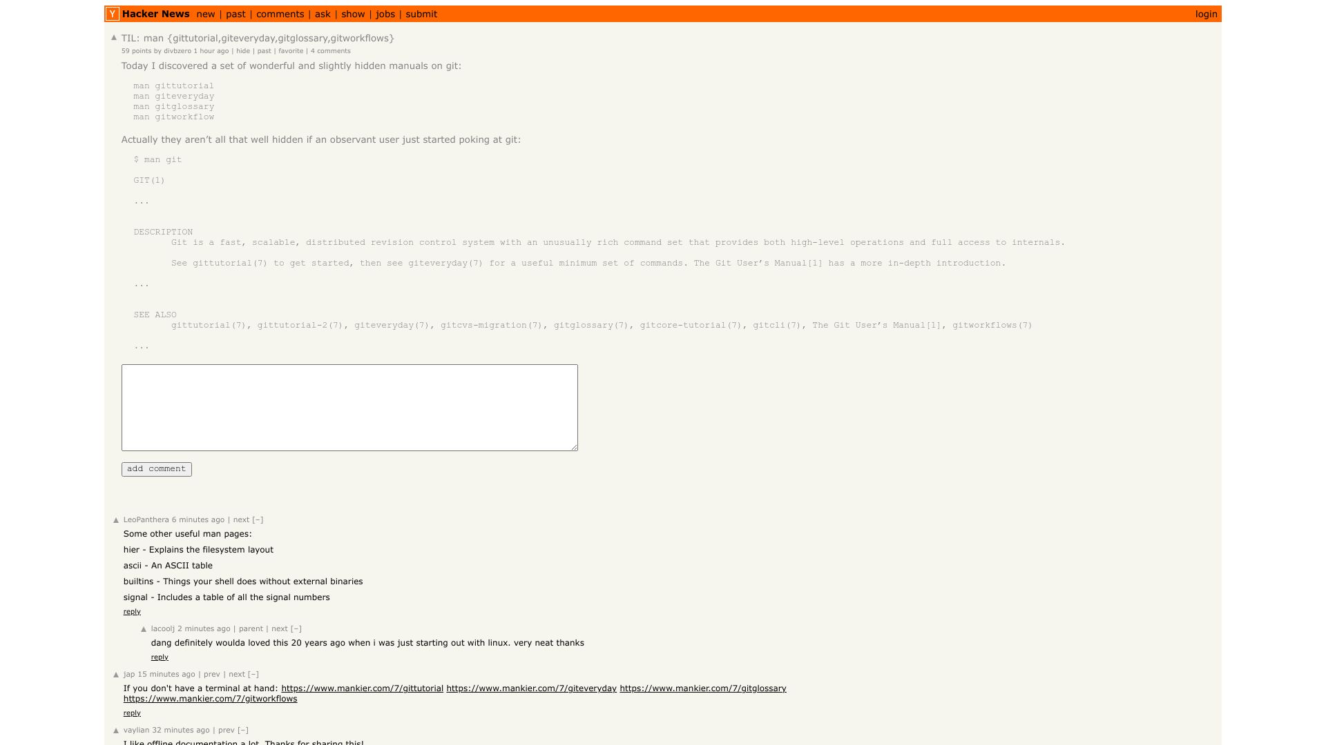 Screenshot of this Hacker News post: Hidden manuals: gittutorial, giteveryday, gitglossary, gitworkflow