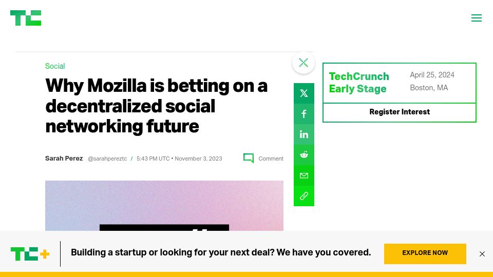 Screenshot of techcrunch.com: Why Mozilla is betting on a decentralized social networking future