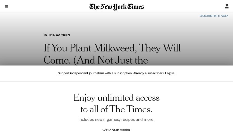 Screenshot of nytimes.com: If you plant milkweed, they will come