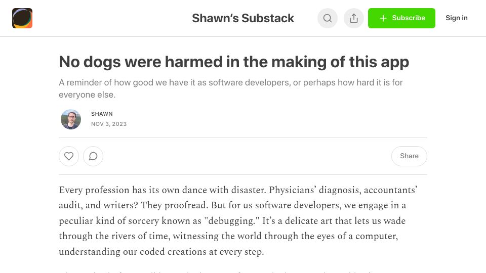 Screenshot of shmck.substack.com: No dogs were harmed in the making of this app