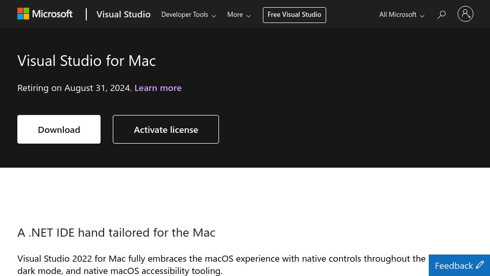 Screenshot of visualstudio.microsoft.com: Microsoft is retiring Visual Studio for Mac in 2024