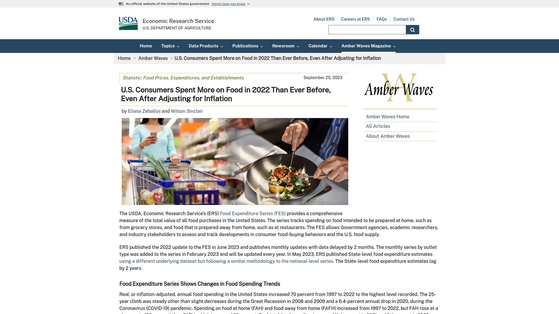 Screenshot of ers.usda.gov: U.S. Consumers Spent More on Food in 2022 Than Ever Before (Inflation Adjusted)