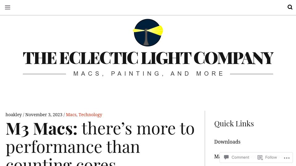 Screenshot of eclecticlight.co: M3 Macs: there's more to performance than counting cores