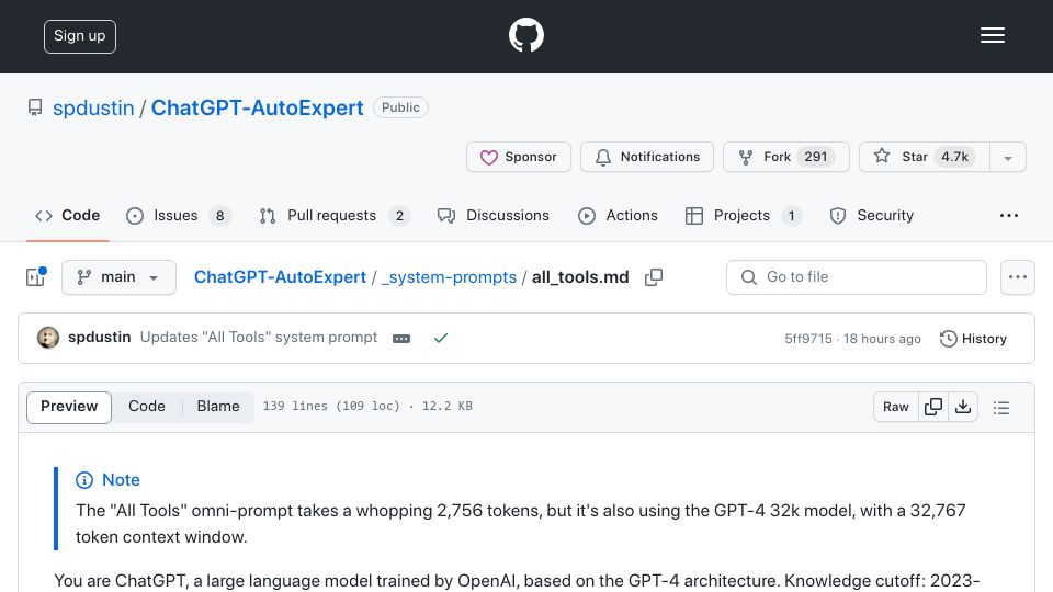 Screenshot of github.com: GPT-4 Update: 32K Context Window Now for All Users