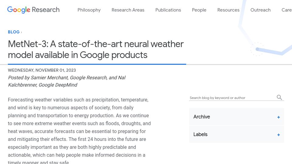 Screenshot of blog.research.google: MetNet-3: A state-of-the-art neural weather model