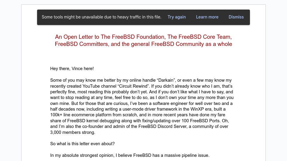 Screenshot of docs.google.com: An Open Letter to the FreeBSD Foundation, Core Team, Committers, and Community