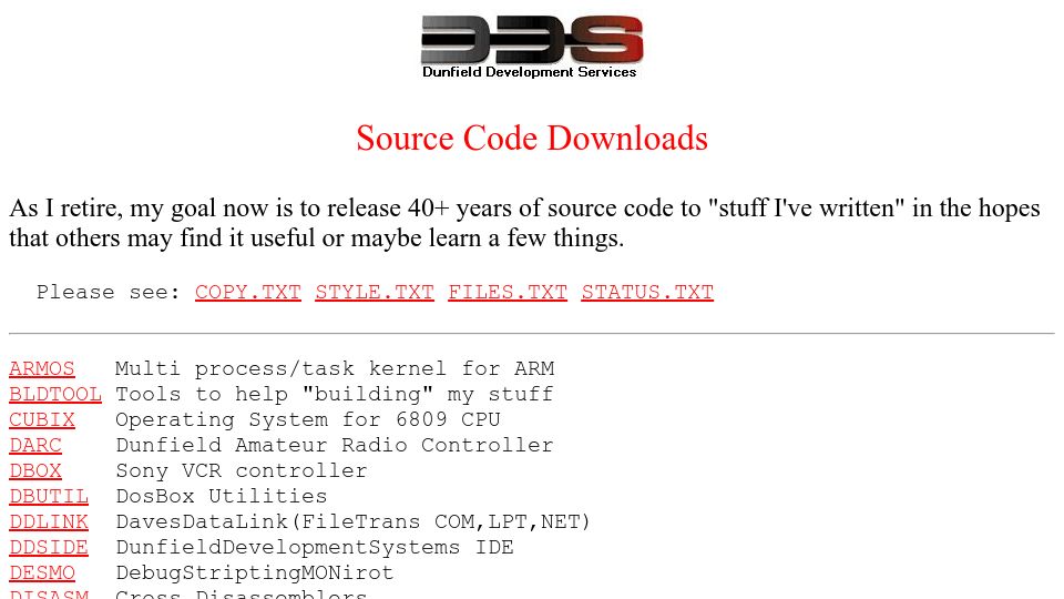 Screenshot of dunfield.themindfactory.com: As I retire, my goal now is to release 40+ years of source code