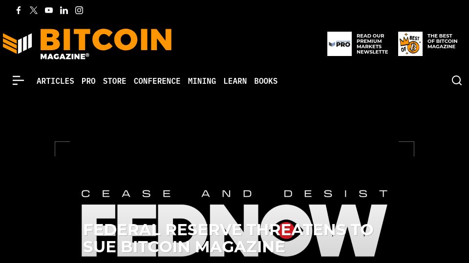 Screenshot of bitcoinmagazine.com: Federal Reserve is threatening to sue Bitcoin Mag over parody product