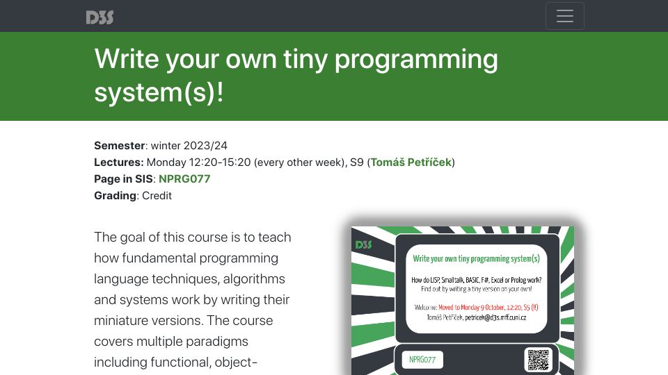 Screenshot of d3s.mff.cuni.cz: Course using F#: Write your own tiny programming system(s)