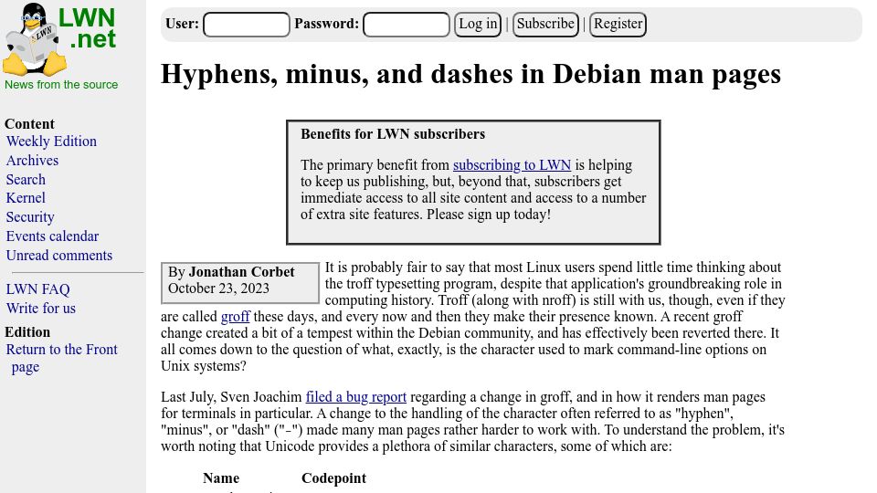 Screenshot of lwn.net: Hyphens, minus, and dashes in Debian man pages