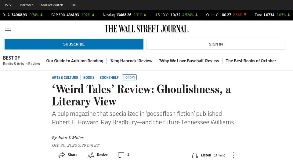 Screenshot of wsj.com: 'Weird Tales' Review: Ghoulishness, a Literary View