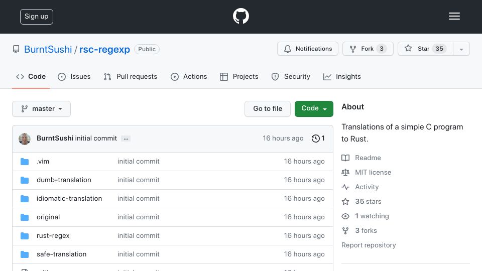 Screenshot of github.com: Translations of Russ Cox's Thompson NFA C Program to Rust