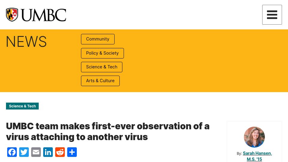 Screenshot of umbc.edu: First observation of a virus attaching to another virus