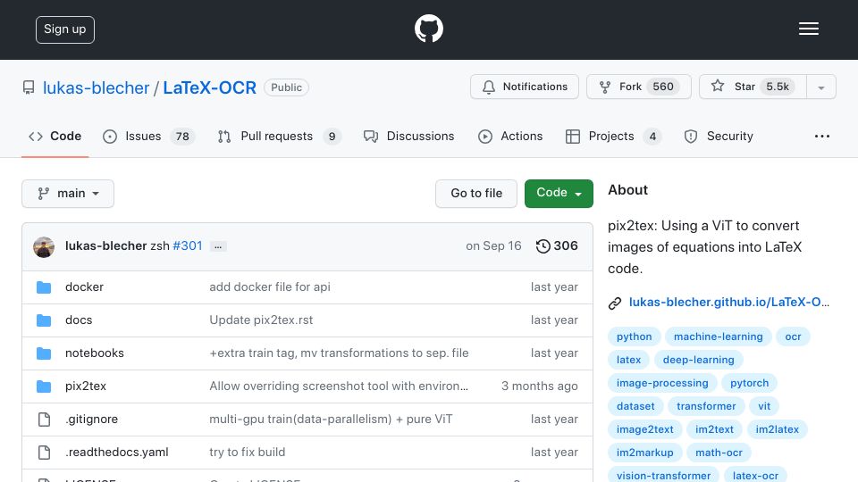 Screenshot of github.com: Pix2tex: Using a ViT to convert images of equations into LaTeX code
