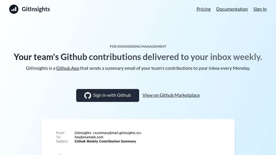 Screenshot of gitinsights.io: Show HN: GitInsights – a weekly summary email of your team's GitHub activity
