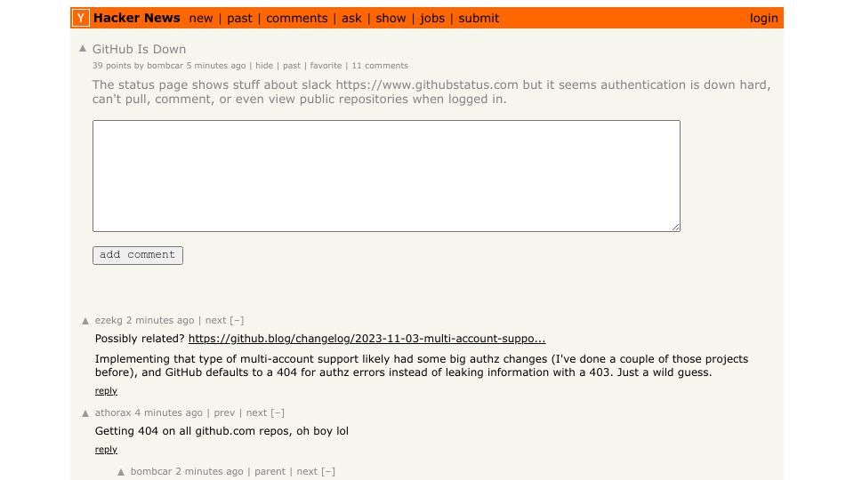 Screenshot of githubstatus.com: GitHub was down