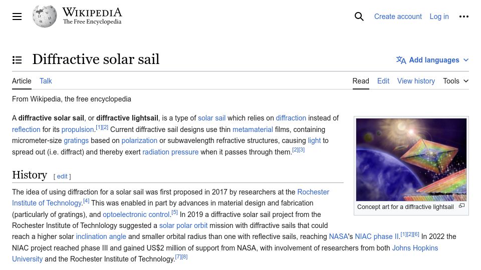 Screenshot of en.wikipedia.org: Diffractive Solar Sail
