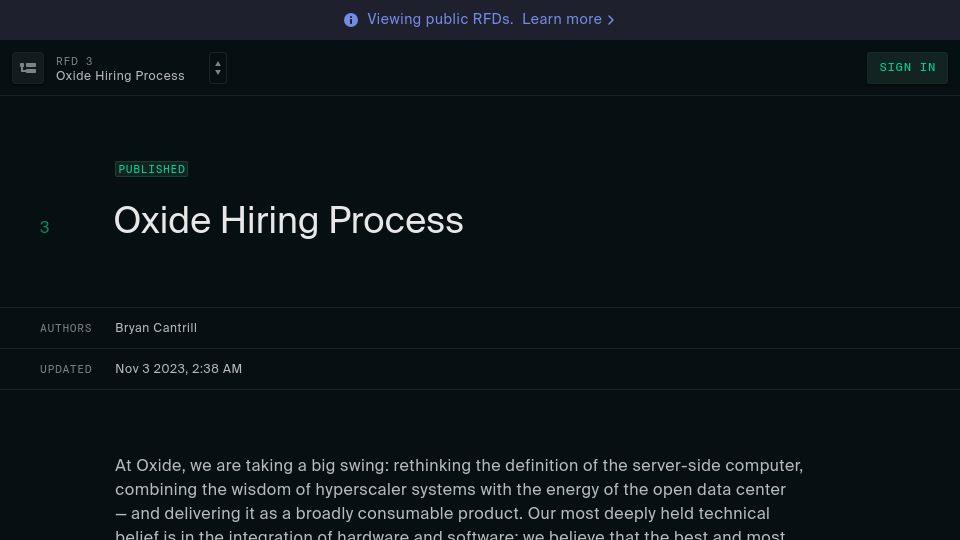 Screenshot of rfd.shared.oxide.computer: Oxide Hiring Process