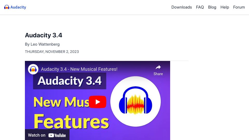 Screenshot of audacityteam.org: Audacity 3.4