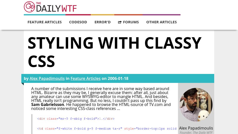 Screenshot of thedailywtf.com: Styling with Classy CSS (2006)