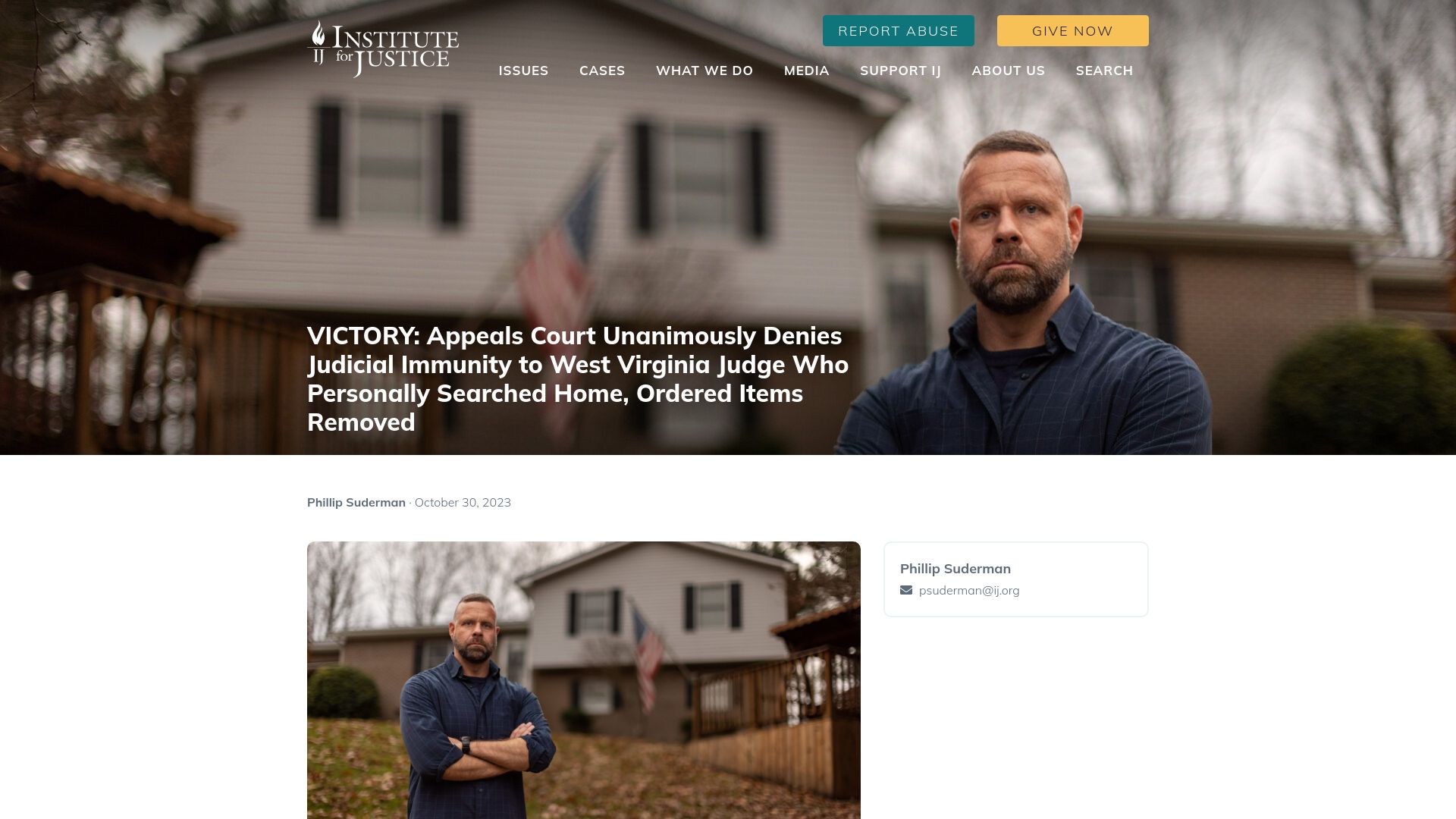 Screenshot of ij.org: Appeals Court Denies Judicial Immunity to Judge Who Personally Searched Home