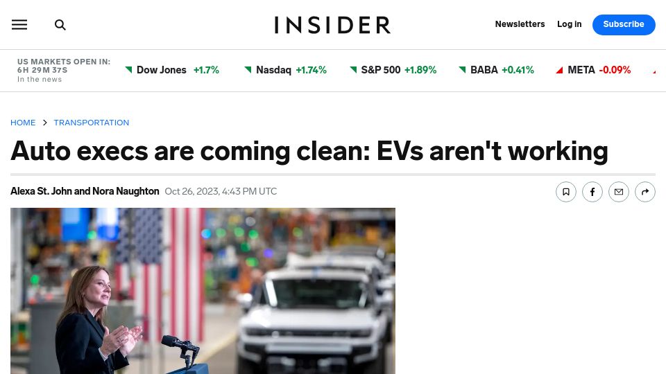 Screenshot of businessinsider.com: Auto industry executives admit electric vehicle plans are in jeopardy