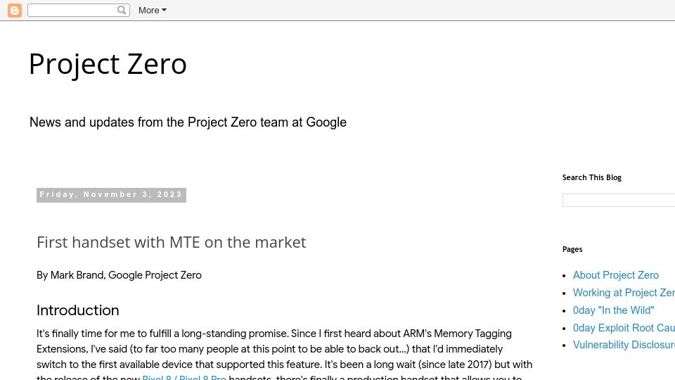 Screenshot of googleprojectzero.blogspot.com: First Handset with MTE on the Market