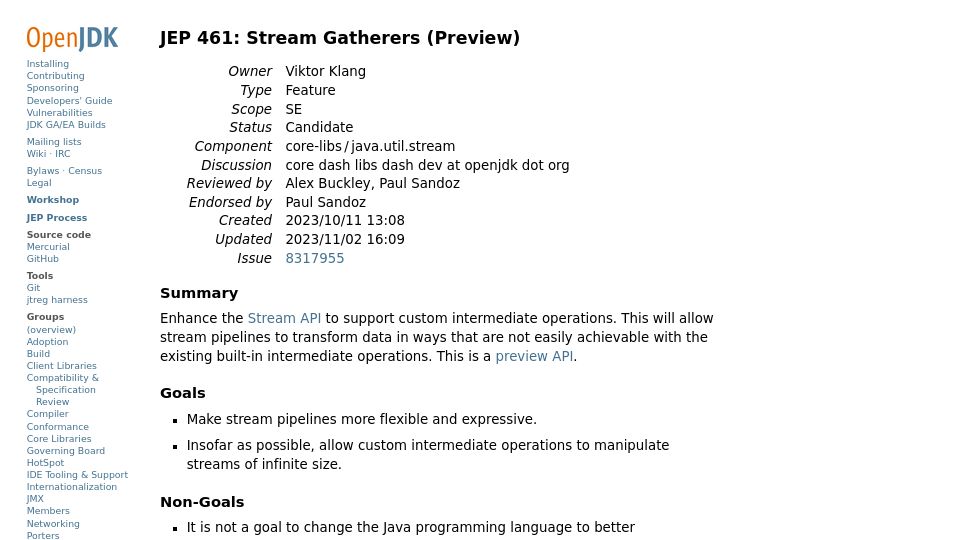 Screenshot of openjdk.org: Java JEP 461: Stream Gatherers