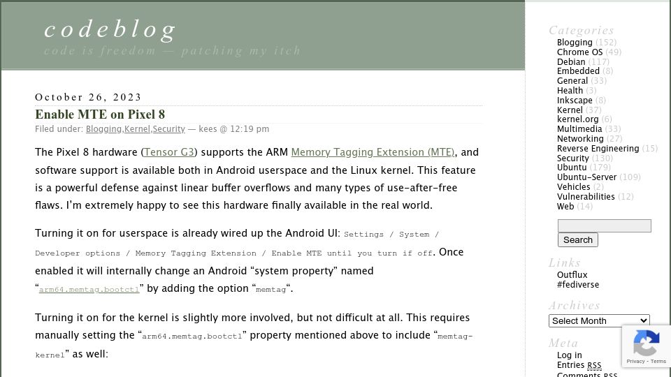 Screenshot of outflux.net: Enable ARMv9 Memory Tagging Extension (MTE) on Pixel 8