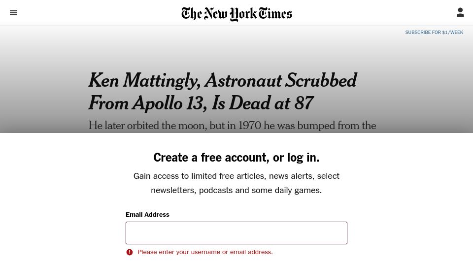 Screenshot of nytimes.com: Ken Mattingly, astronaut scrubbed from Apollo 13, has died