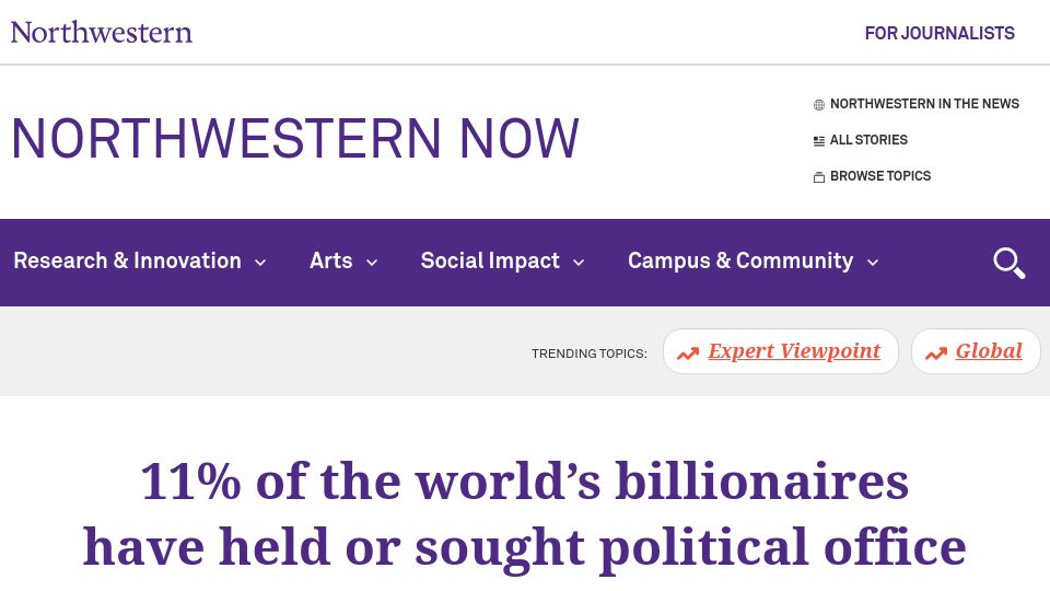 Screenshot of news.northwestern.edu: 11% of the world’s billionaires have held or sought political office