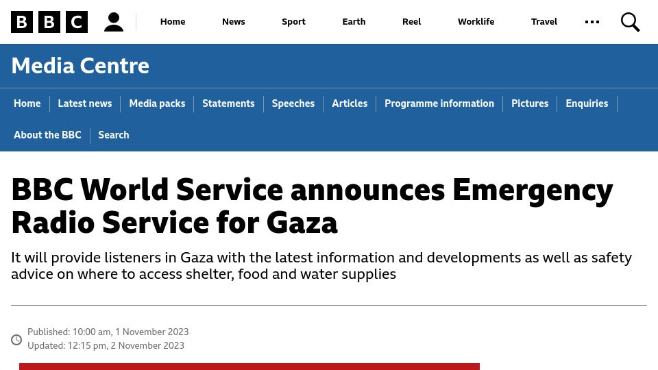 Screenshot of bbc.com: BBC World Service Announces Emergency Radio Service for Gaza