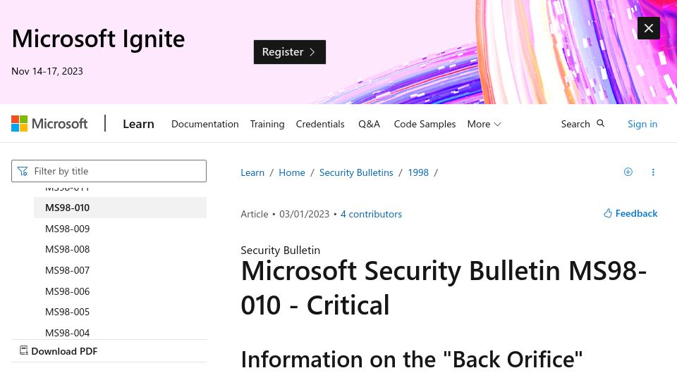 Screenshot of learn.microsoft.com: Microsoft Security Bulletin MS98-010 – Critical (1998)