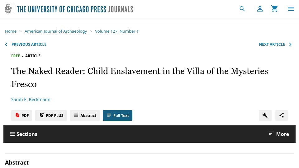 Screenshot of journals.uchicago.edu: The naked reader: Child enslavement in the Villa of the Mysteries fresco