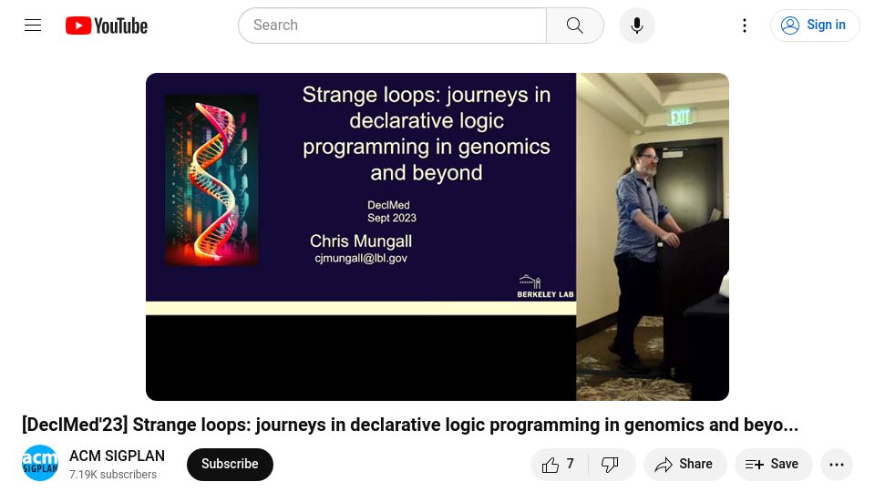 Screenshot of youtube.com: Strange Loops: journeys in declarative logic programming in genomics [video]