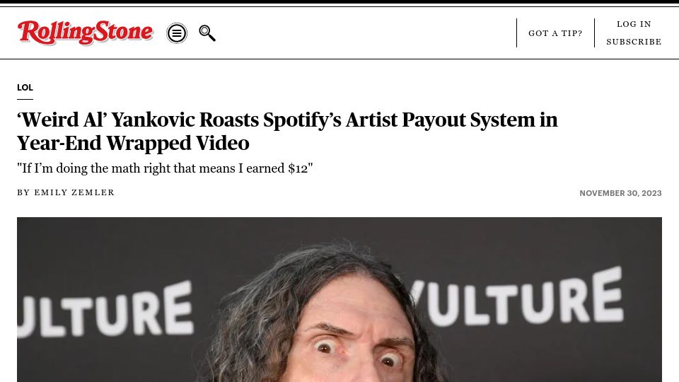 Screenshot of rollingstone.com: 'Weird Al' Roasts Spotify's Artist Payout System in Year-End Wrapped Video