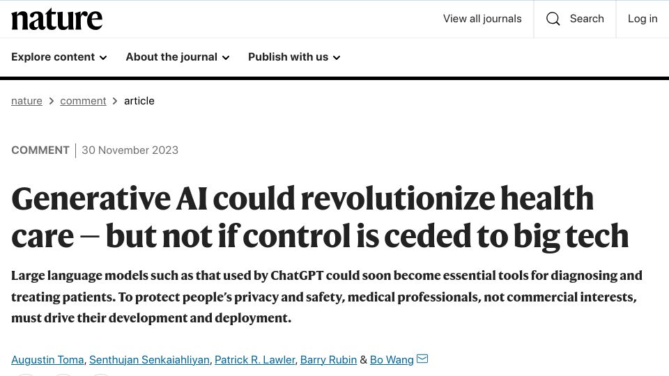 Screenshot of nature.com: To safely deploy generative AI in health care, models must be open source