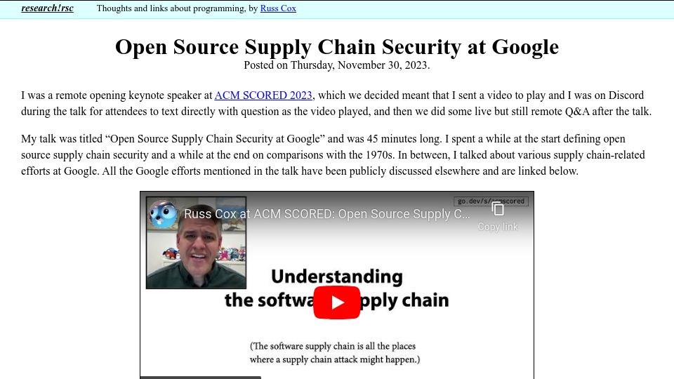 Screenshot of research.swtch.com: Open Source Supply Chain Security at Google