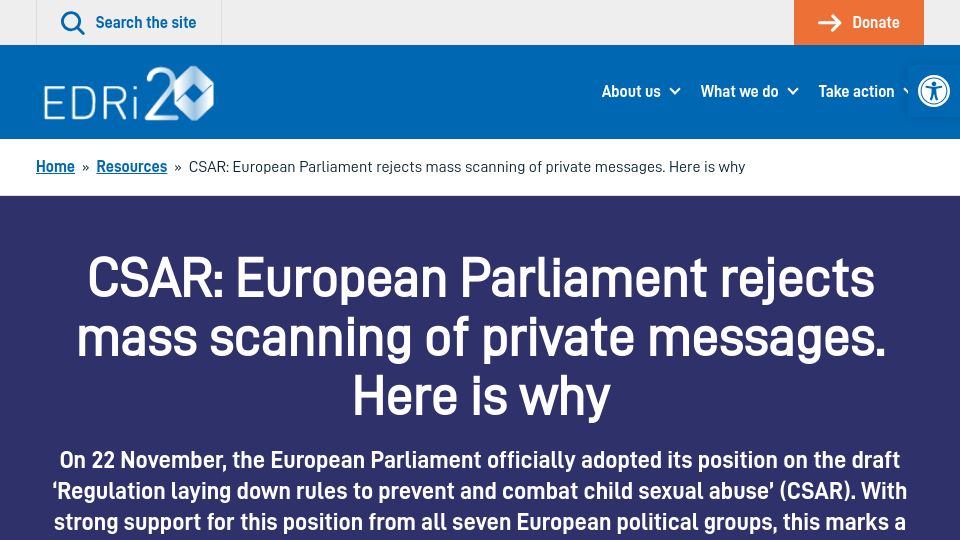 Screenshot of edri.org: CSAR: European Parliament rejects mass scanning of private messages
