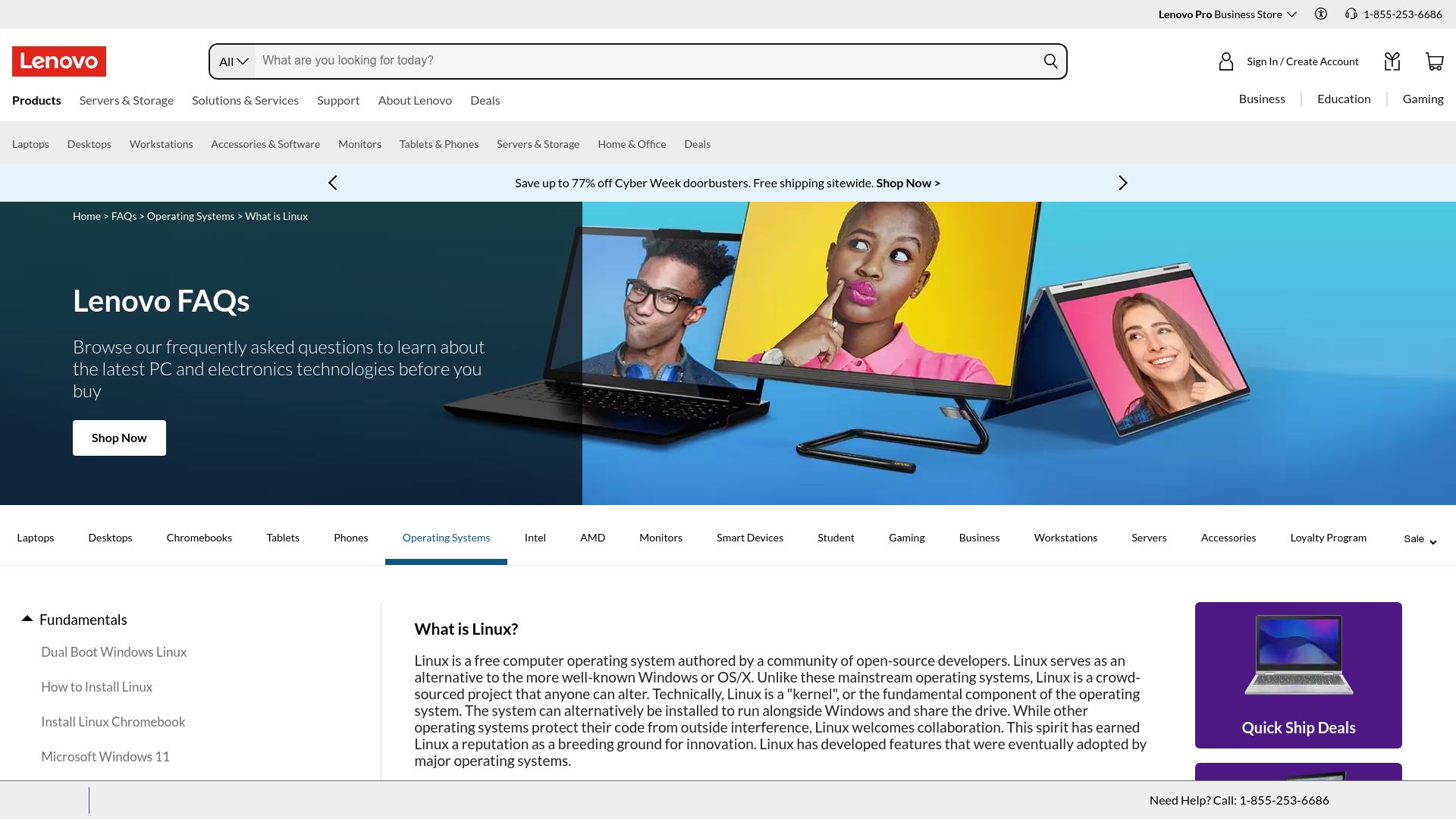 Screenshot of lenovo.com: Lenovo FAQs: Lear What Is Linux and Why It's Popular