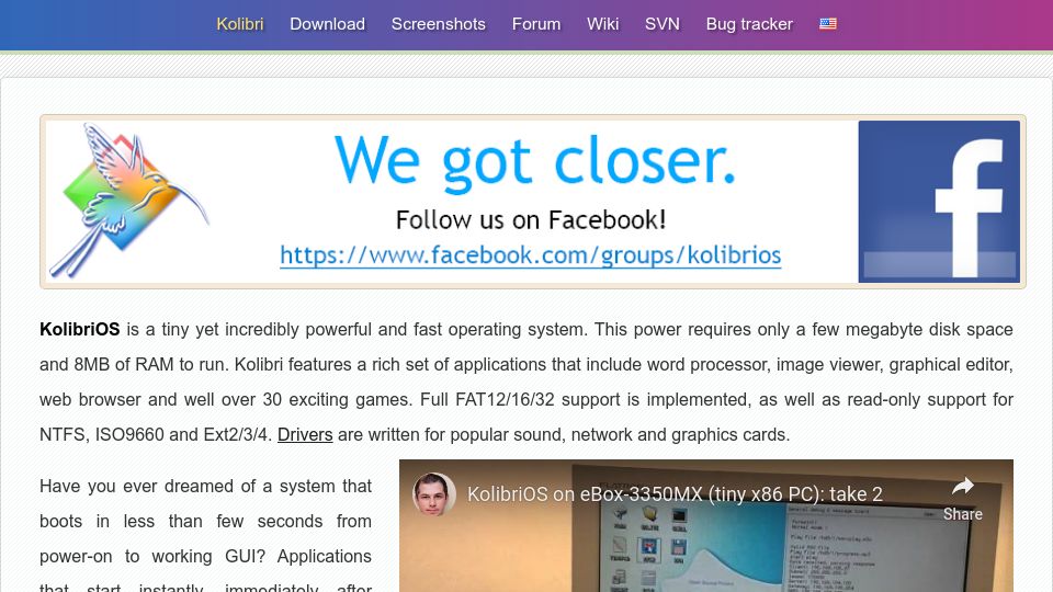 Screenshot of kolibrios.org: Kolibri OS: fits on a floppy disk, programmed using interrupts