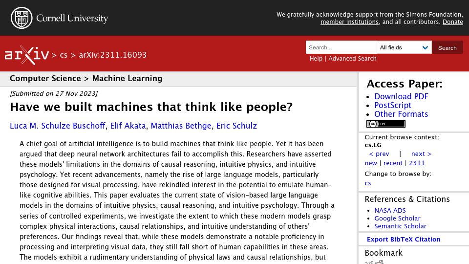 Screenshot of arxiv.org: Large language models lack deep insights or a theory of mind