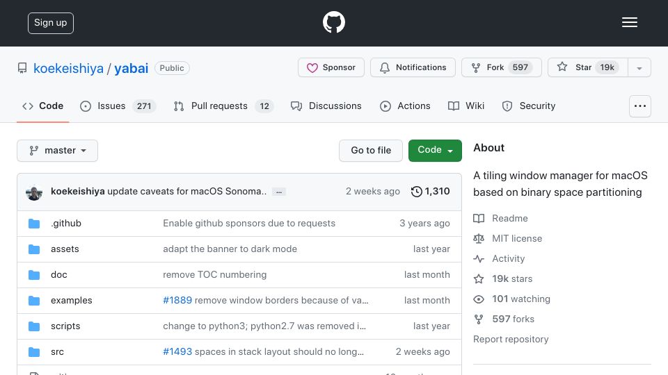Screenshot of github.com: Yabai – A tiling window manager for macOS